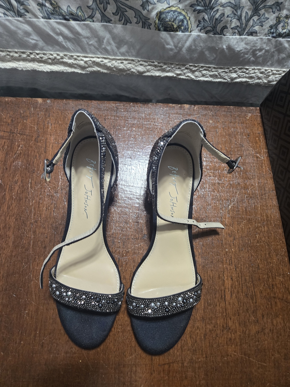 Betsey Johnson Black Crystal-Embellished Ankle-Strap Heels